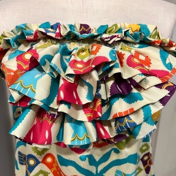 JUDITH MARCH sleeveless mini silk colorful folk print dress with jabot - Picture 2 of 13